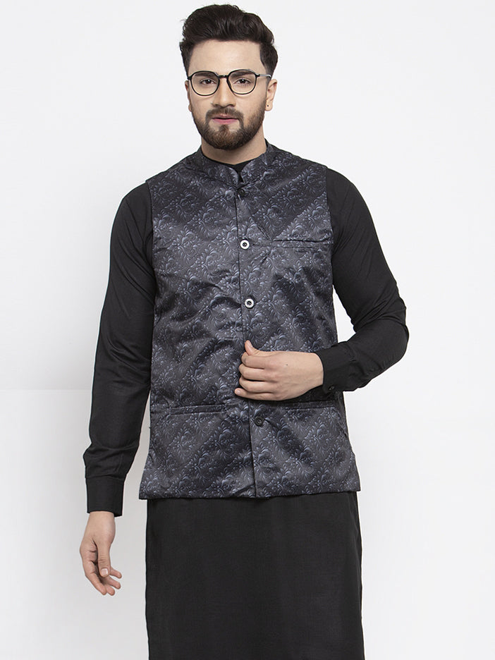 Jompers Men's Grey Printed Nehru Jacket ( JOWC 4007Charcoal )