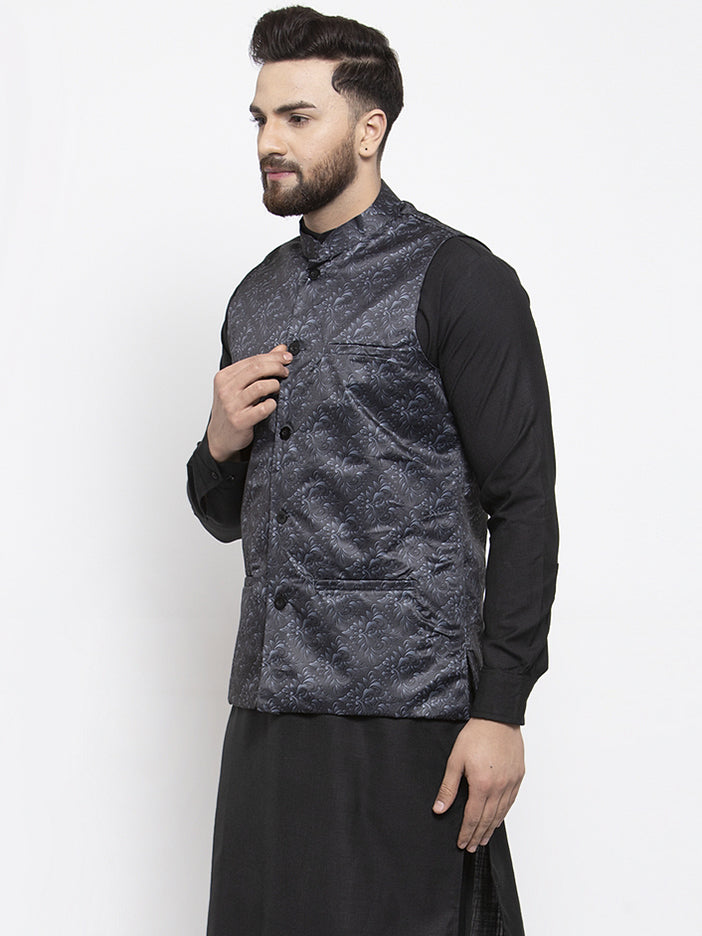Jompers Men's Grey Printed Nehru Jacket ( JOWC 4007Charcoal )