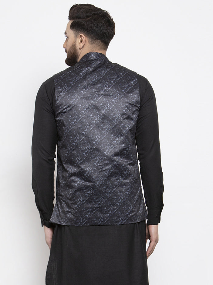 Jompers Men's Grey Printed Nehru Jacket ( JOWC 4007Charcoal )