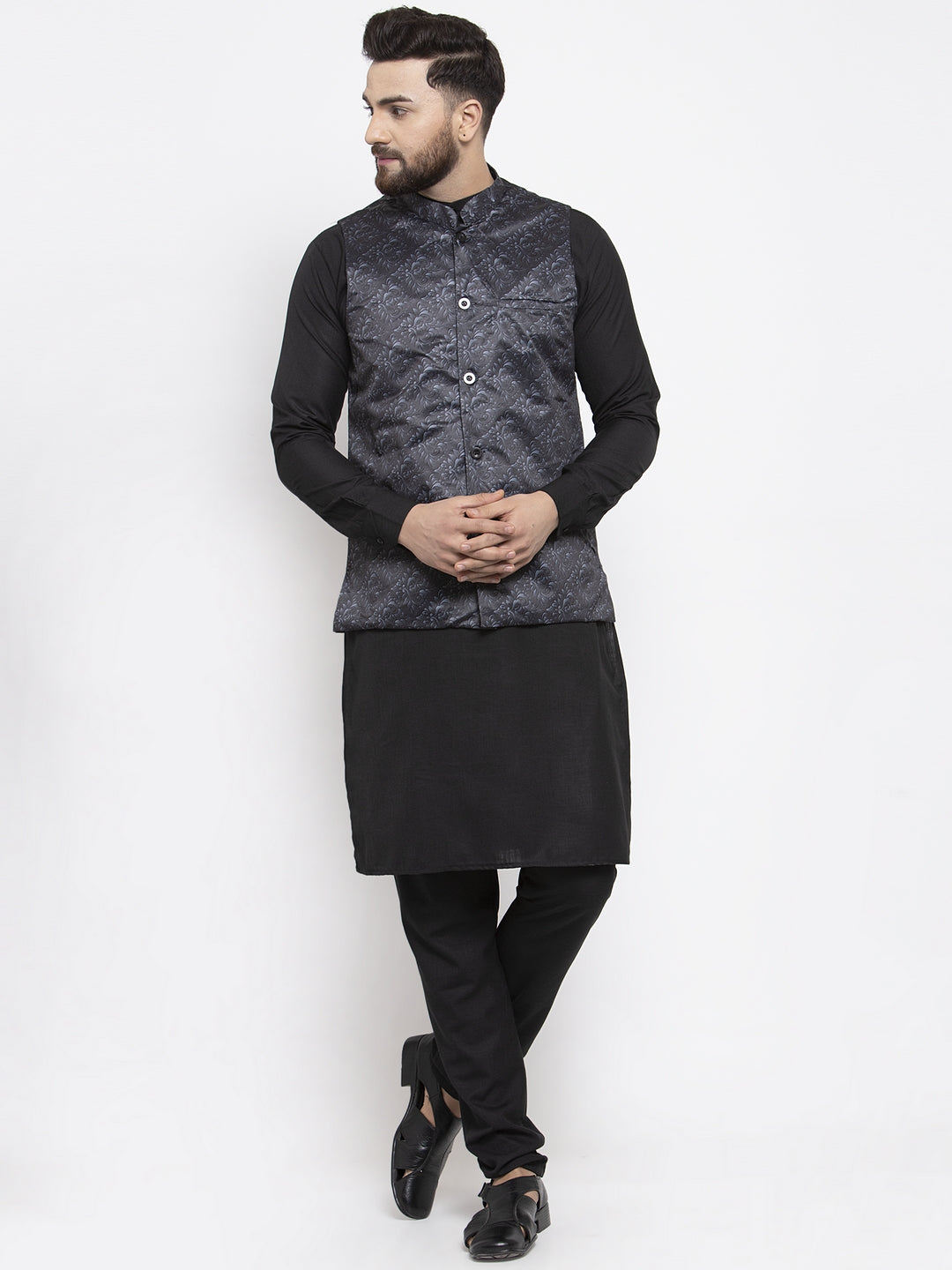 Jompers Men's Grey Printed Nehru Jacket ( JOWC 4007Charcoal )