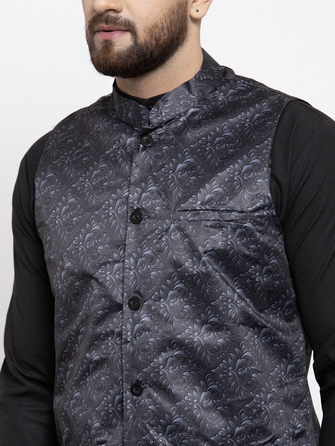Jompers Men's Grey Printed Nehru Jacket ( JOWC 4007Charcoal )