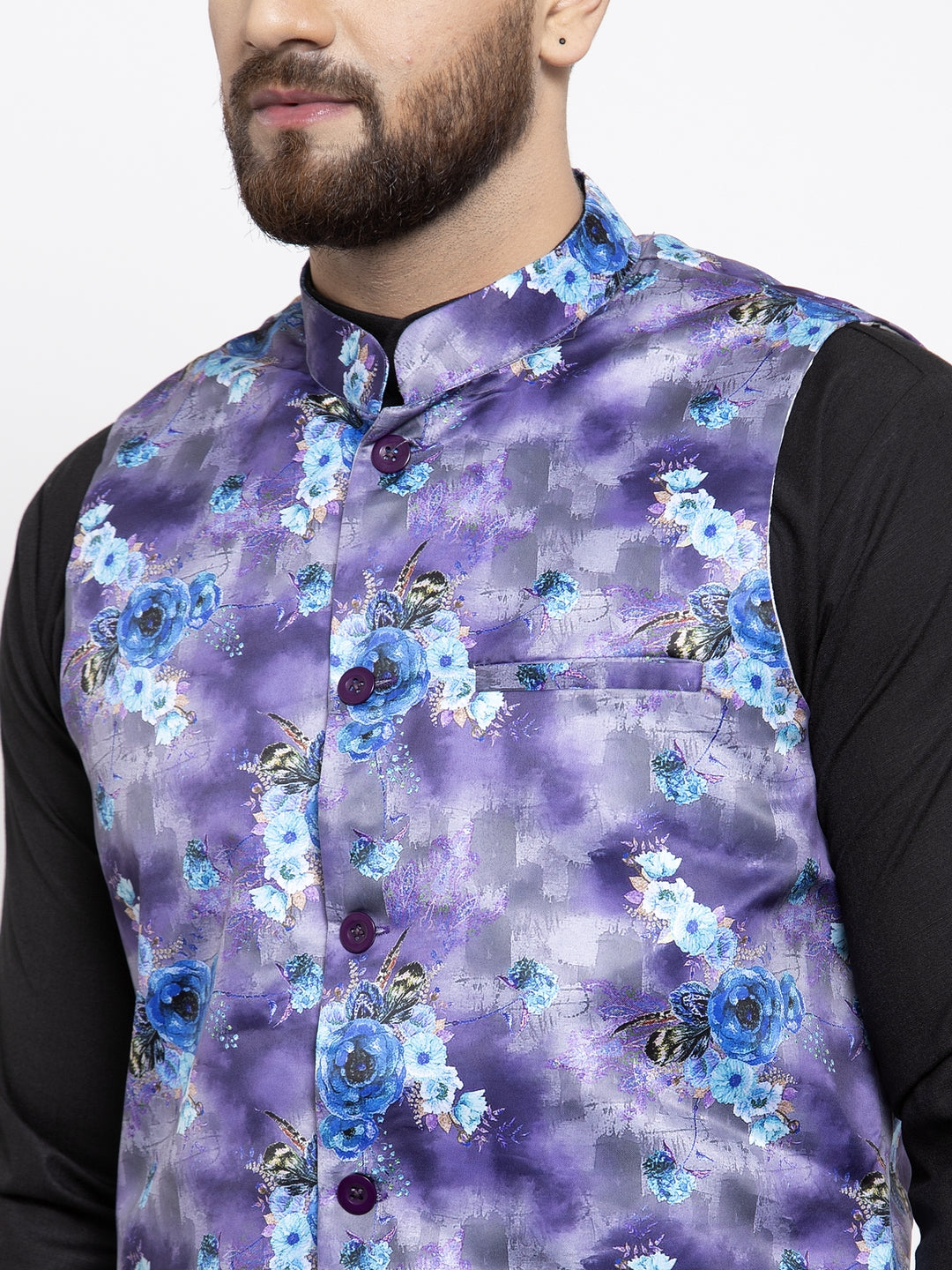 Jompers Men Violet Printed Satin Nehru Jacket (JOWC 4007 Voilet )