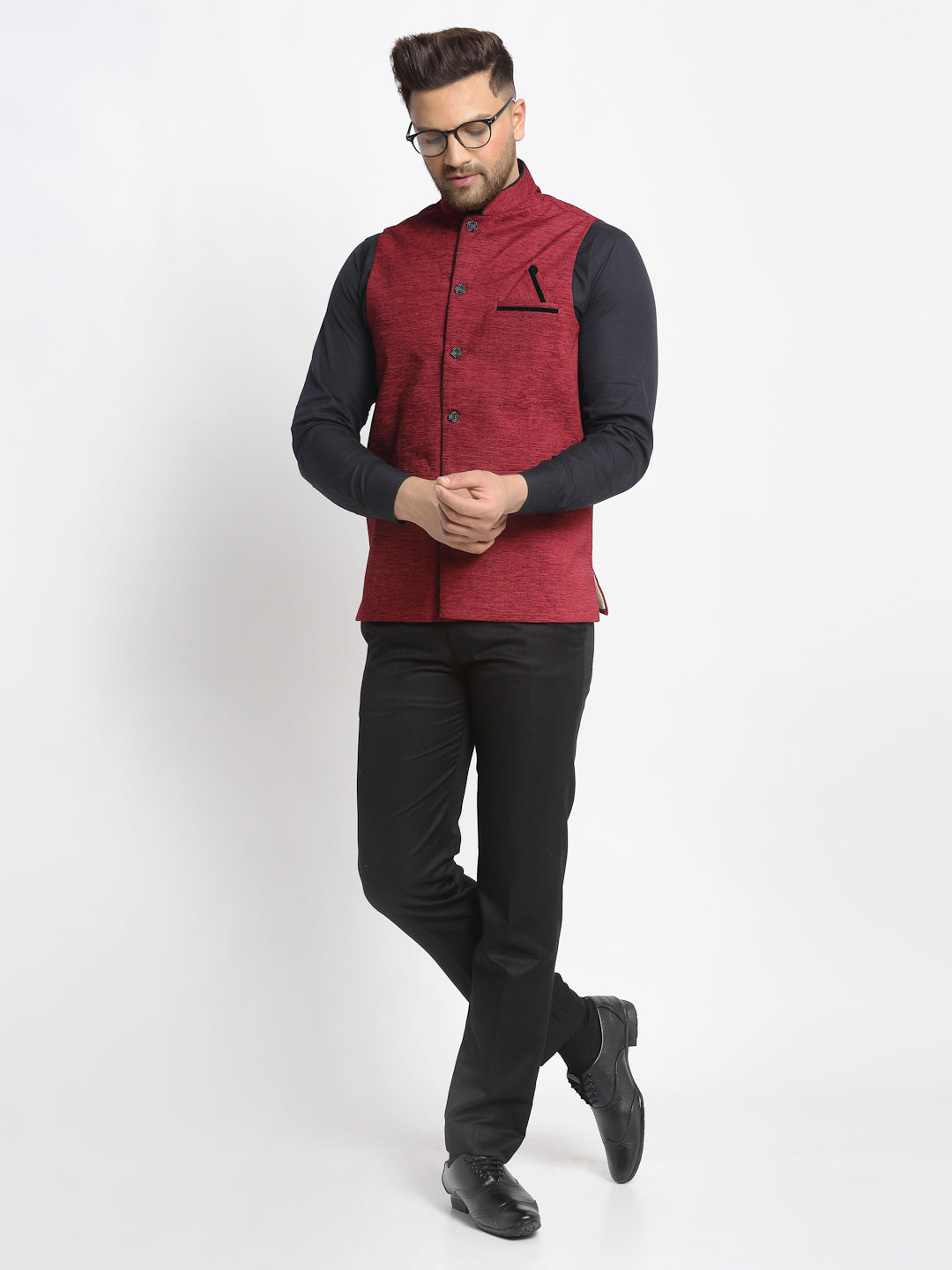 Jompers Men's Maroon Solid Nehru Jacket with Square Pocket ( JOWC 4024Maroon )