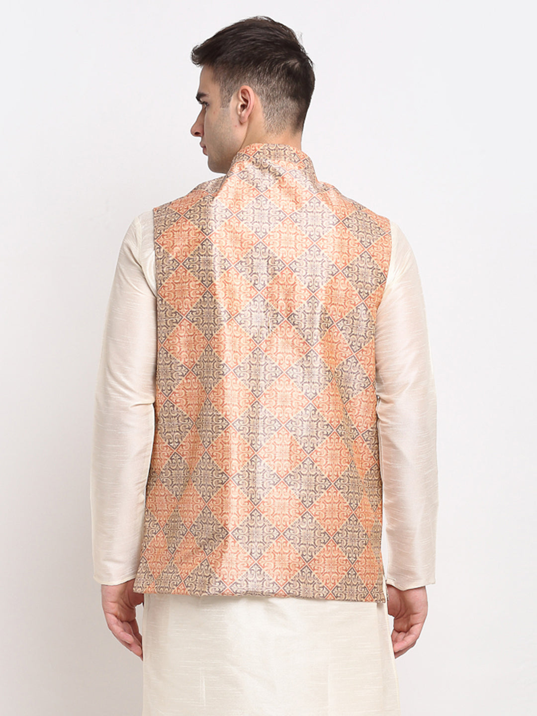 Jompers Men's Peach Digital Printed Peach-Purple Waistcoat ( JOWC 4025Peach-Purple )