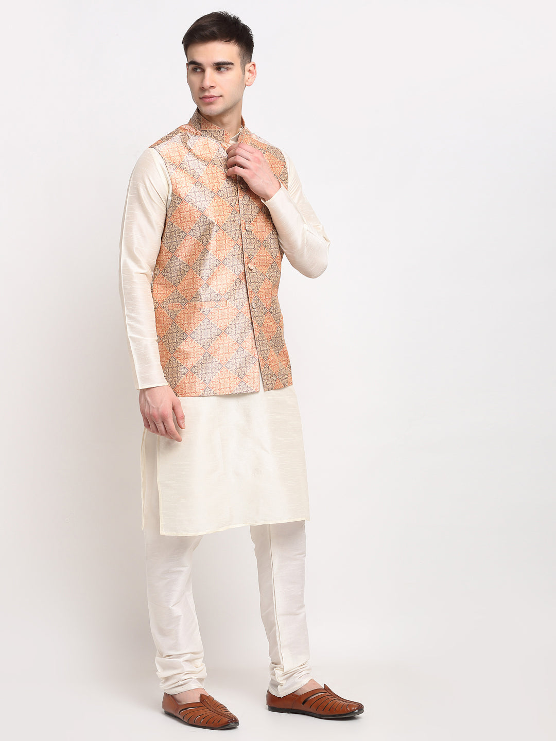 Jompers Men's Peach Digital Printed Peach-Purple Waistcoat ( JOWC 4025Peach-Purple )
