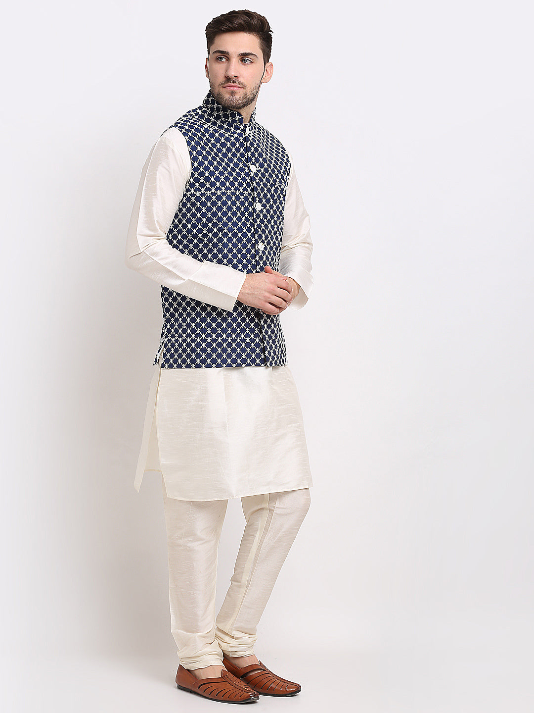 Jompers Men's Navy Blue Navy Blue and White Embroidered Nehru Jacket ( JOWC 4029Navy )