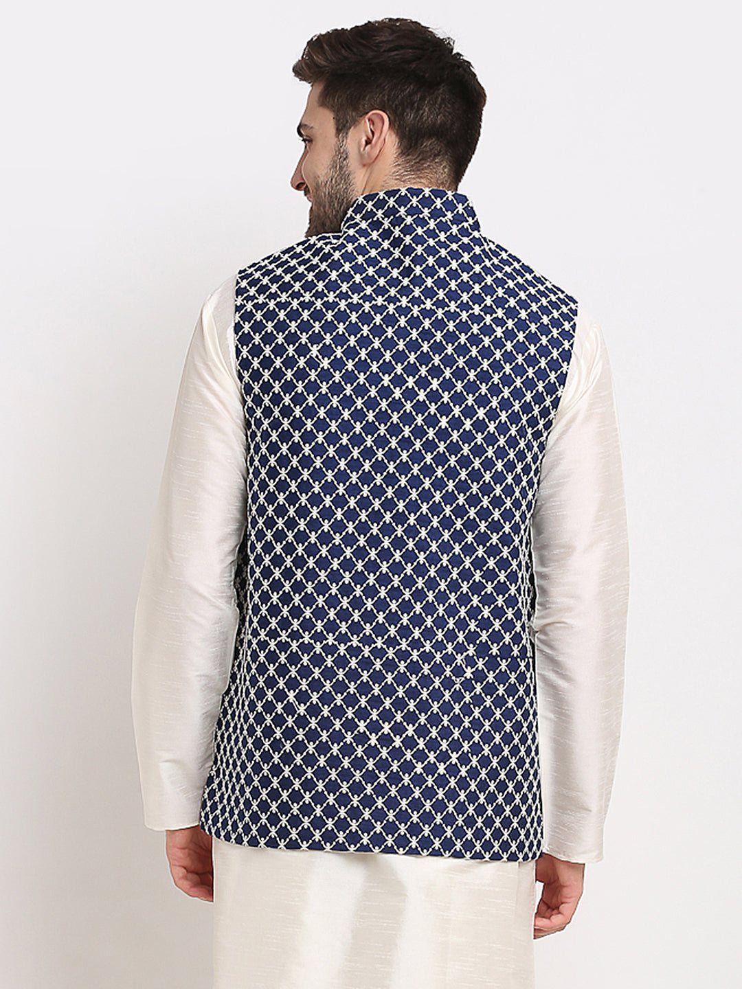 Jompers Men's Navy Blue Navy Blue and White Embroidered Nehru Jacket ( JOWC 4029Navy )