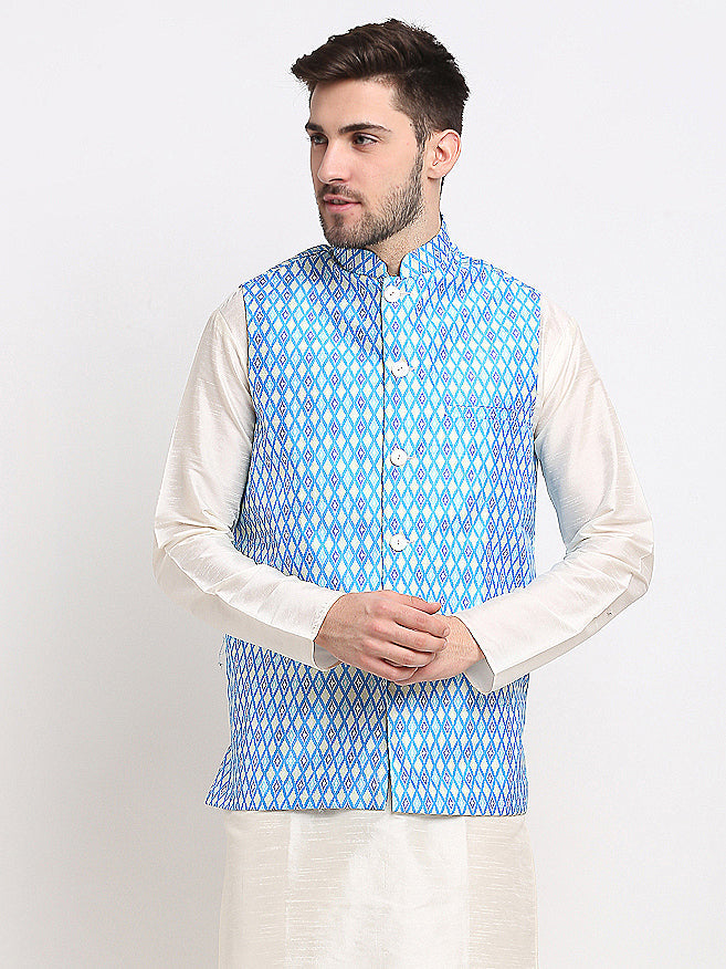 Jompers Men's Blue Ikat Printed Nehru Jacket ( JOWC 4030Sky )