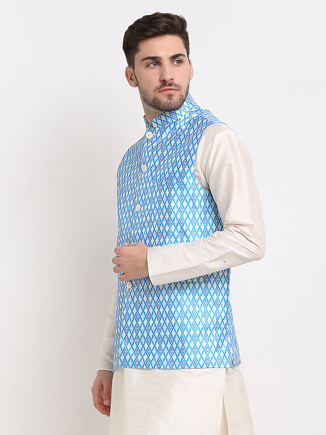Jompers Men's Blue Ikat Printed Nehru Jacket ( JOWC 4030Sky )