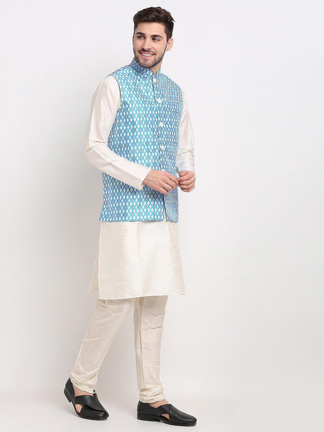 Jompers Men's Blue Ikat Printed Nehru Jacket ( JOWC 4030Sky )