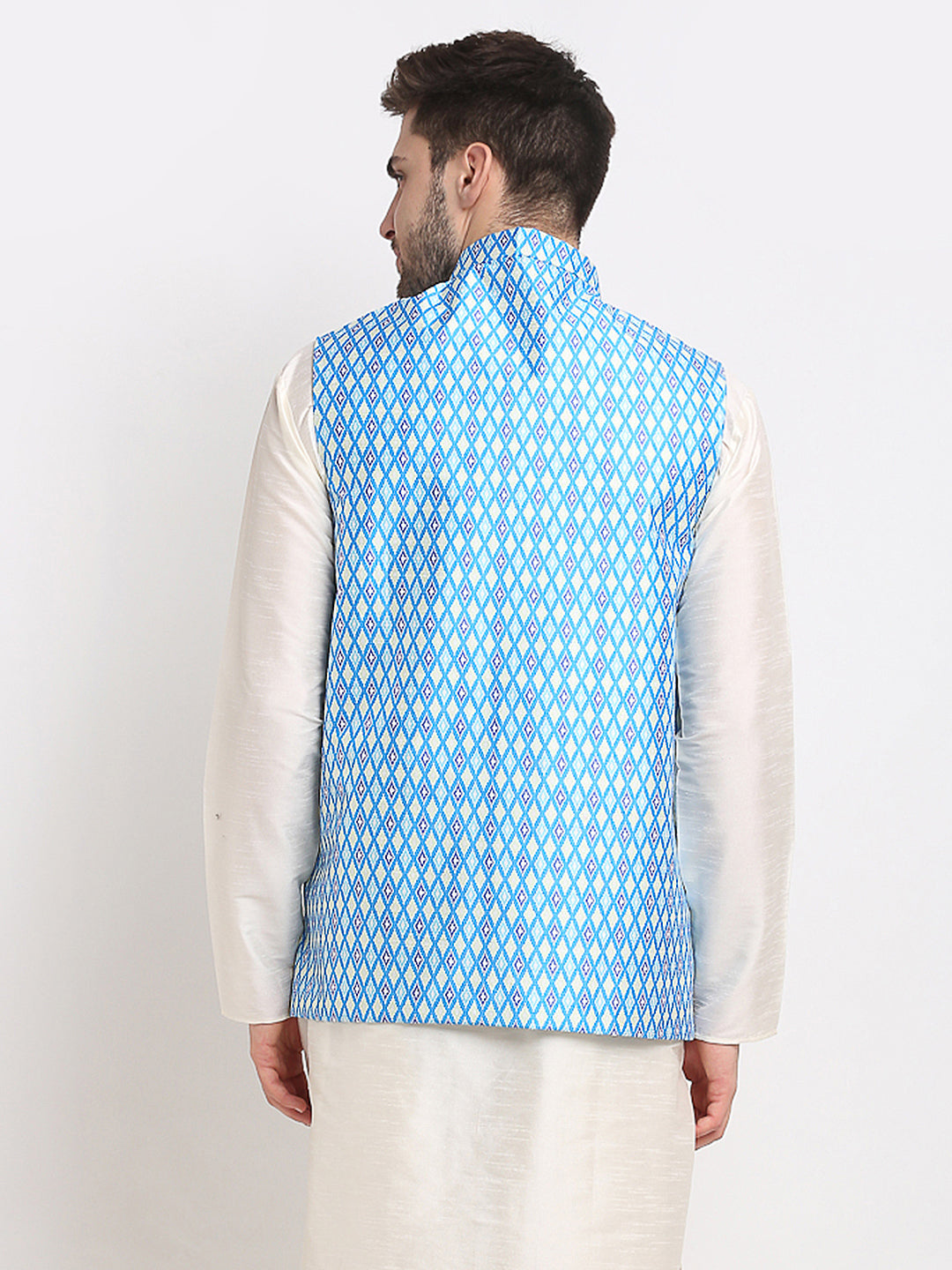 Jompers Men's Blue Ikat Printed Nehru Jacket ( JOWC 4030Sky )
