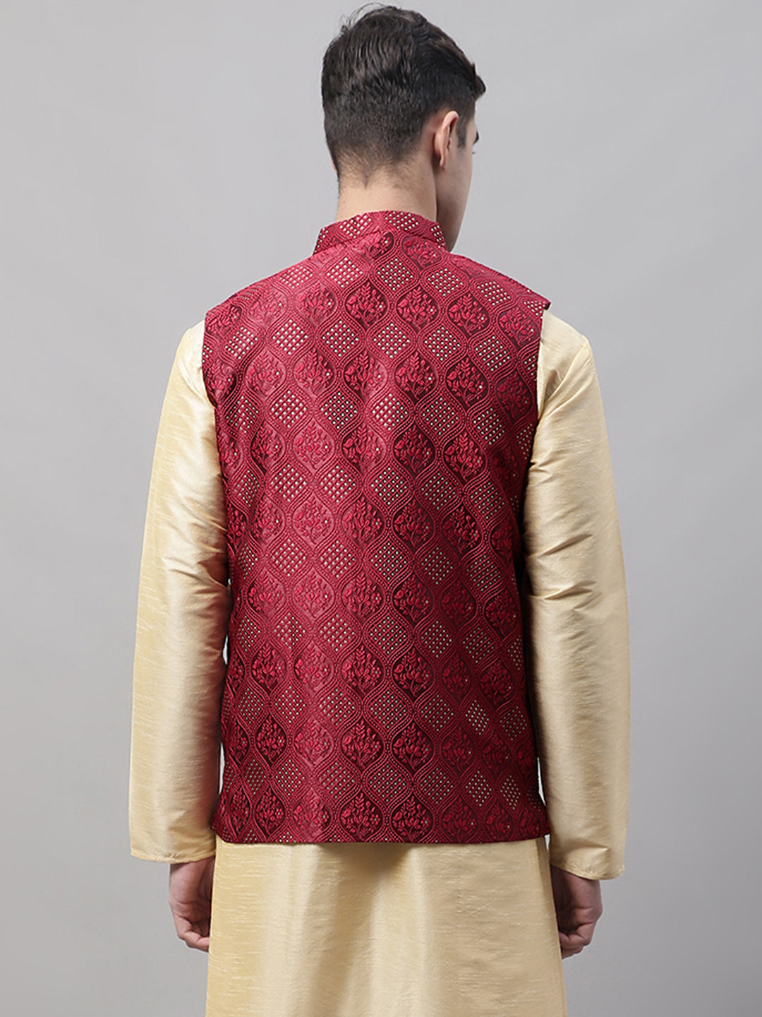 Men Maroon Woven Design Waistcoats