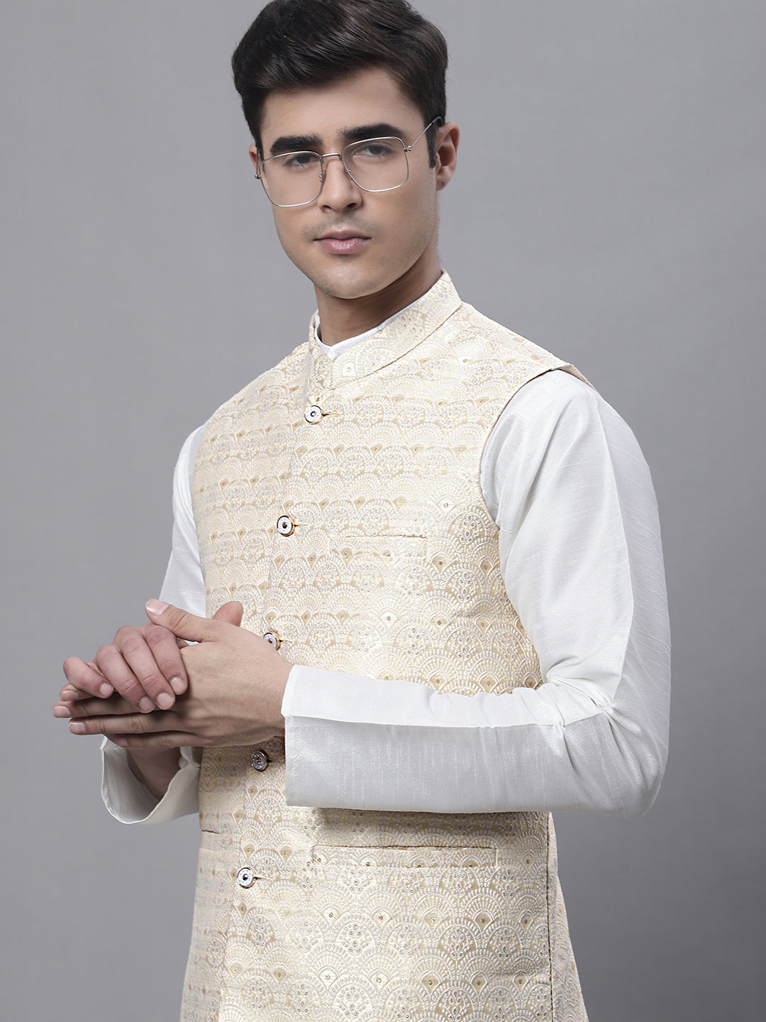 Men Yellow and White Woven Design Nehru Jacket