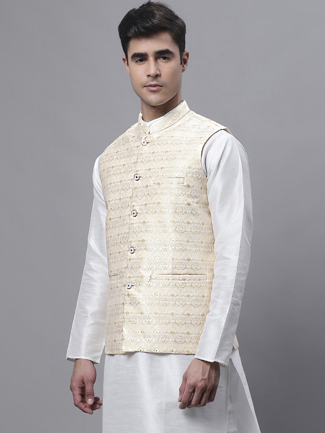 Men Yellow and White Woven Design Nehru Jacket