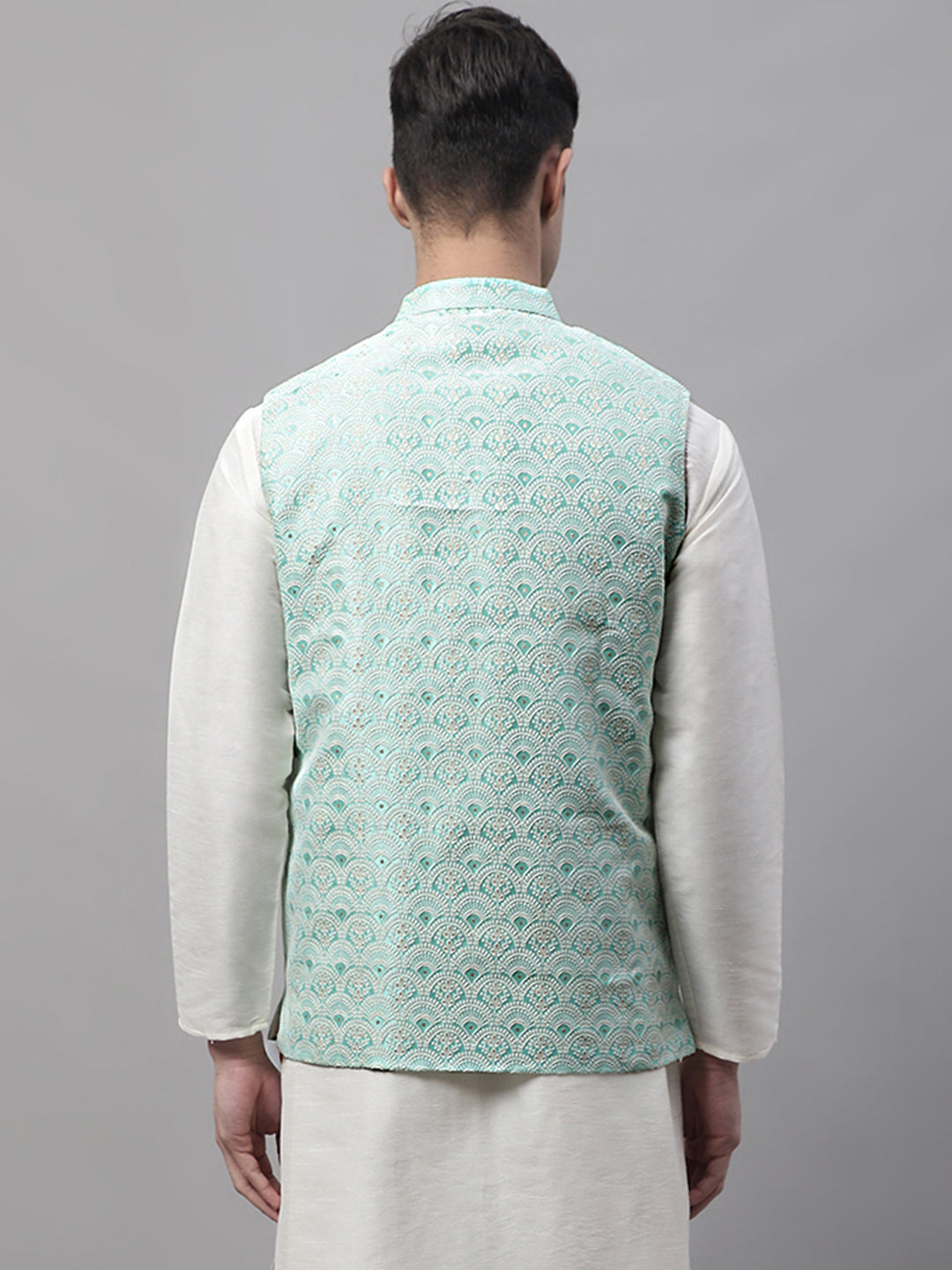 Men Sky Blue and White Woven Design Waistcoats