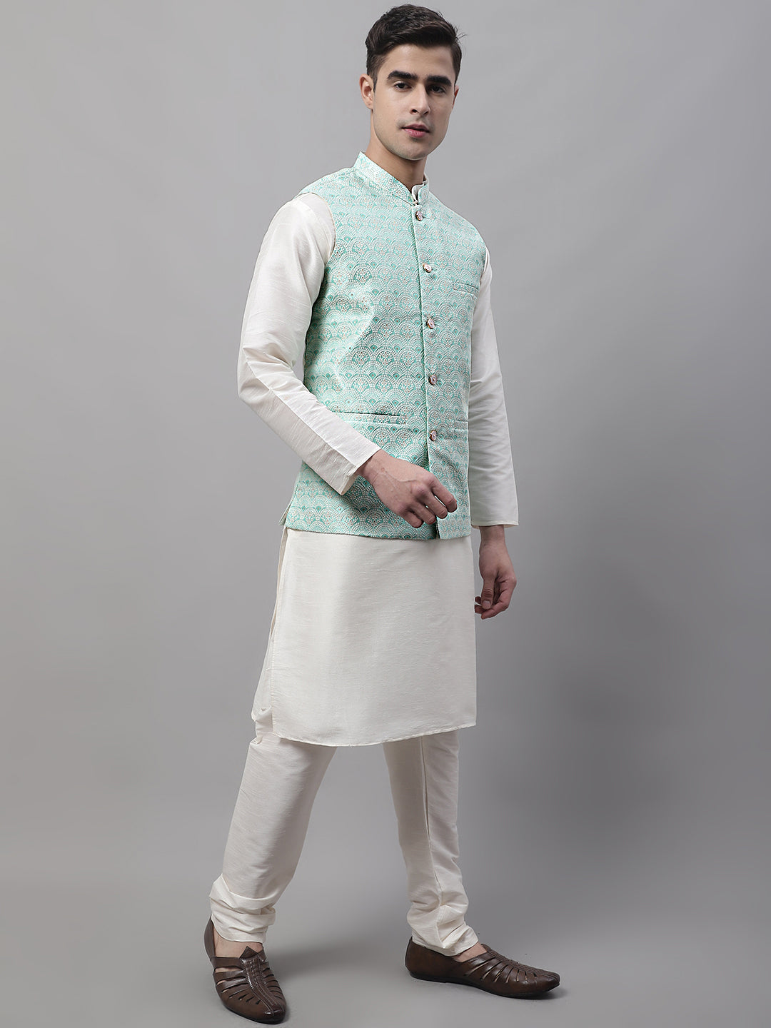 Men Sky Blue and White Woven Design Waistcoats