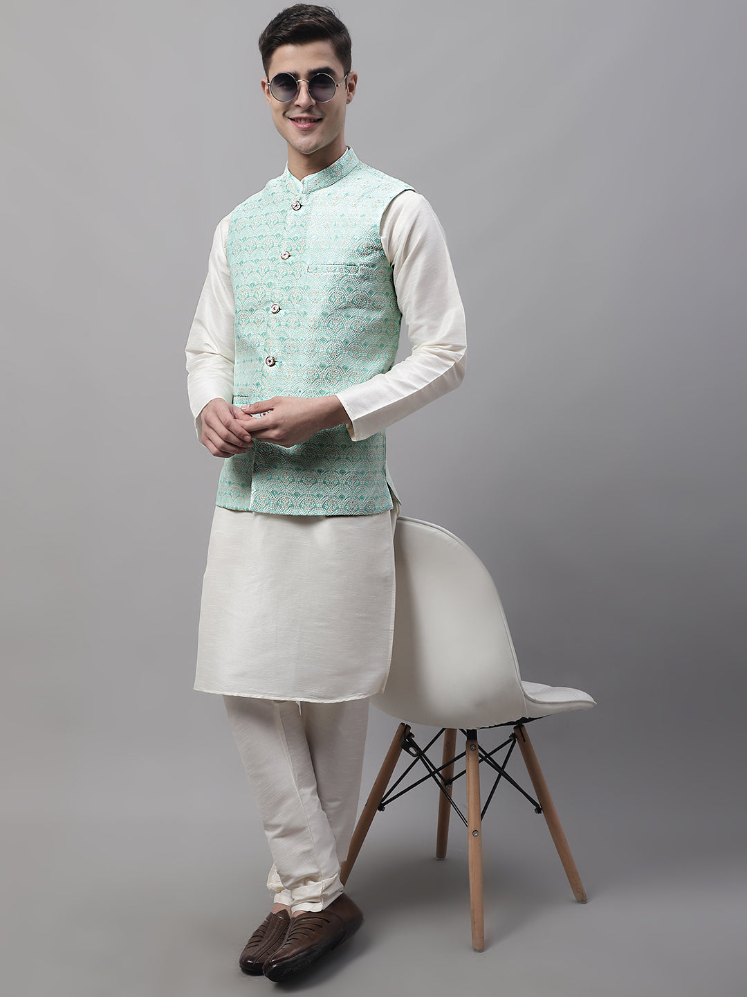Men Sky Blue and White Woven Design Waistcoats