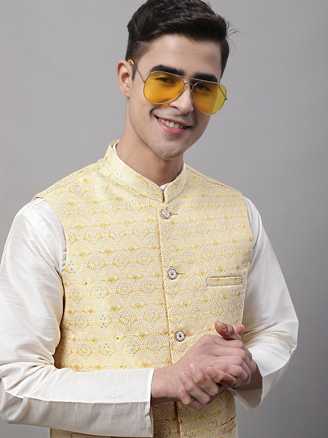 Men Yellow and White Woven Design Waistcoats