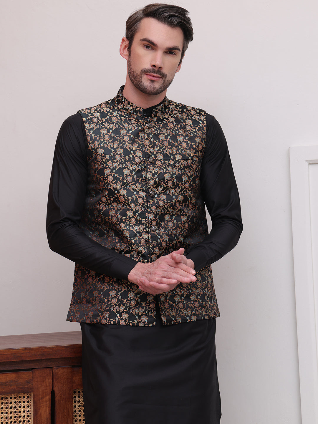 Woven Design Nehru Jacket For Men ( JOWC 4114Black )