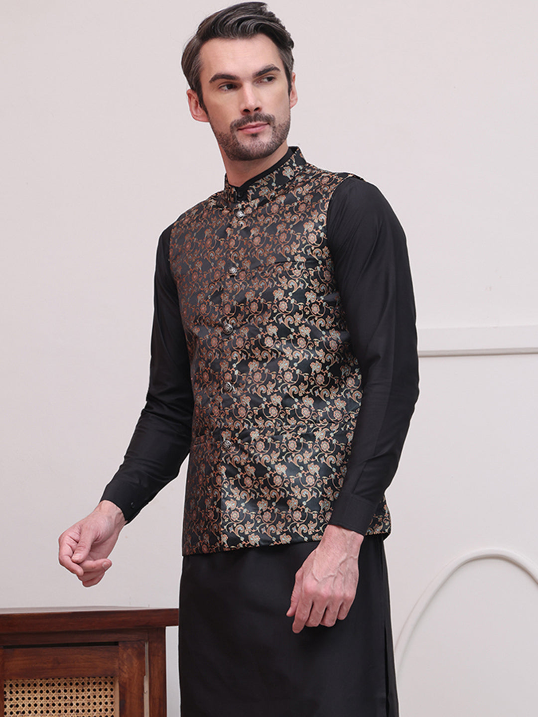 Woven Design Nehru Jacket For Men ( JOWC 4114Black )