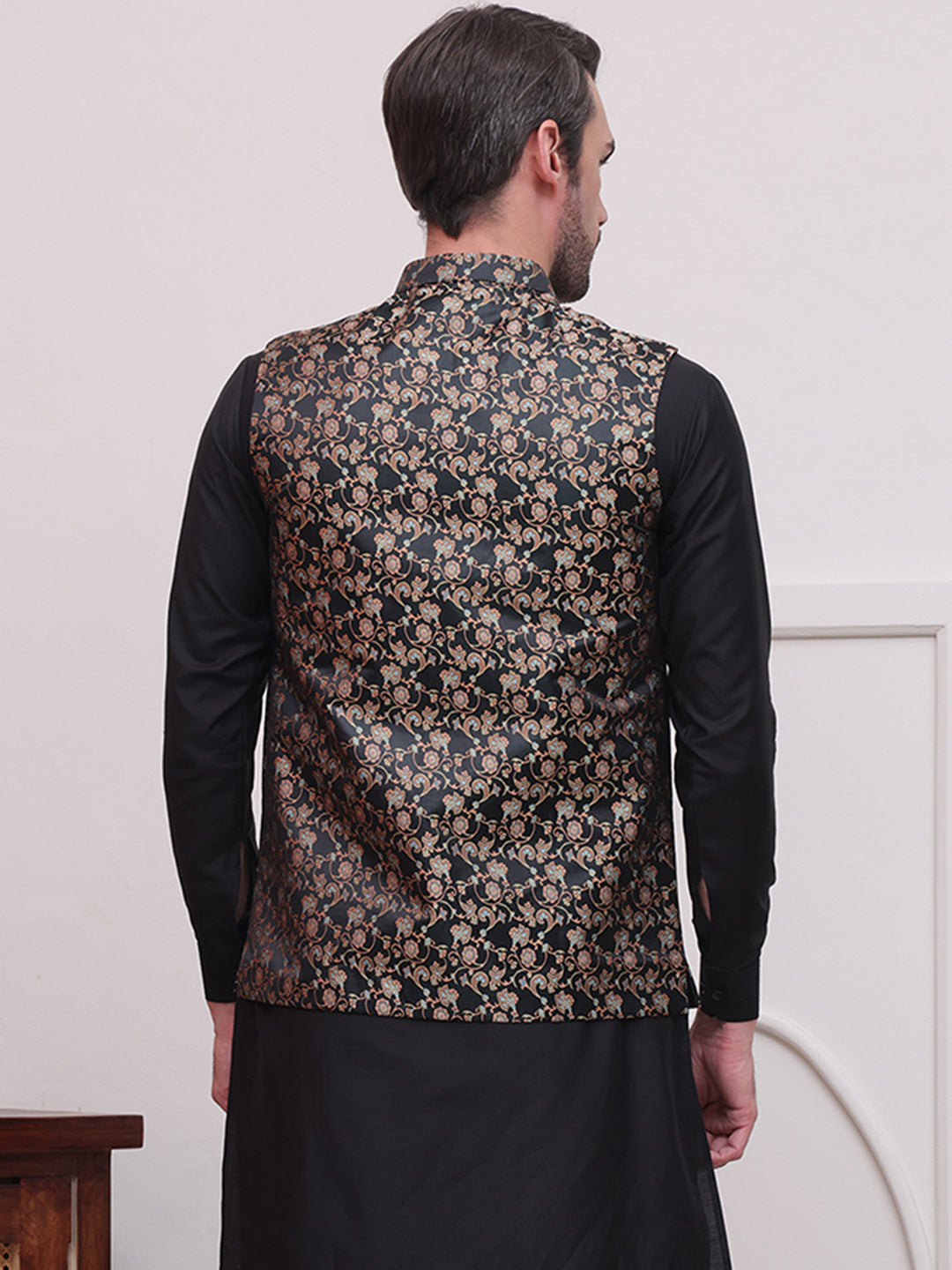 Woven Design Nehru Jacket For Men ( JOWC 4114Black )