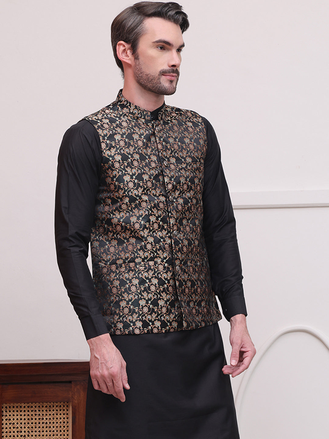 Woven Design Nehru Jacket For Men ( JOWC 4114Black )