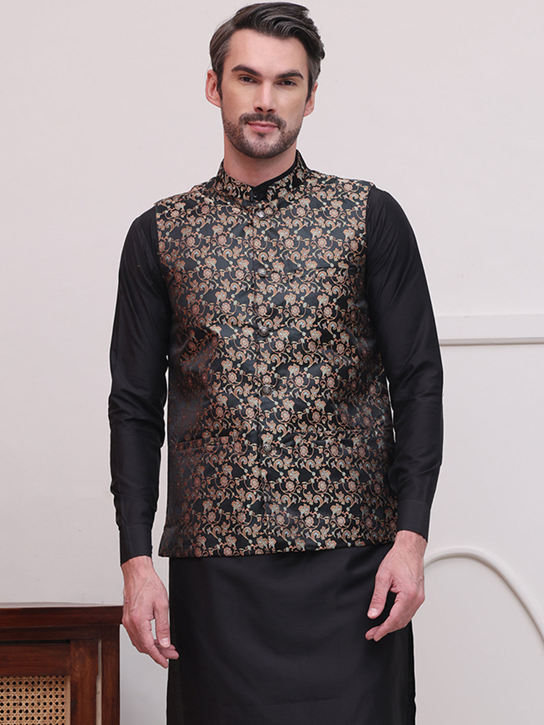 Woven Design Nehru Jacket For Men ( JOWC 4114Black )