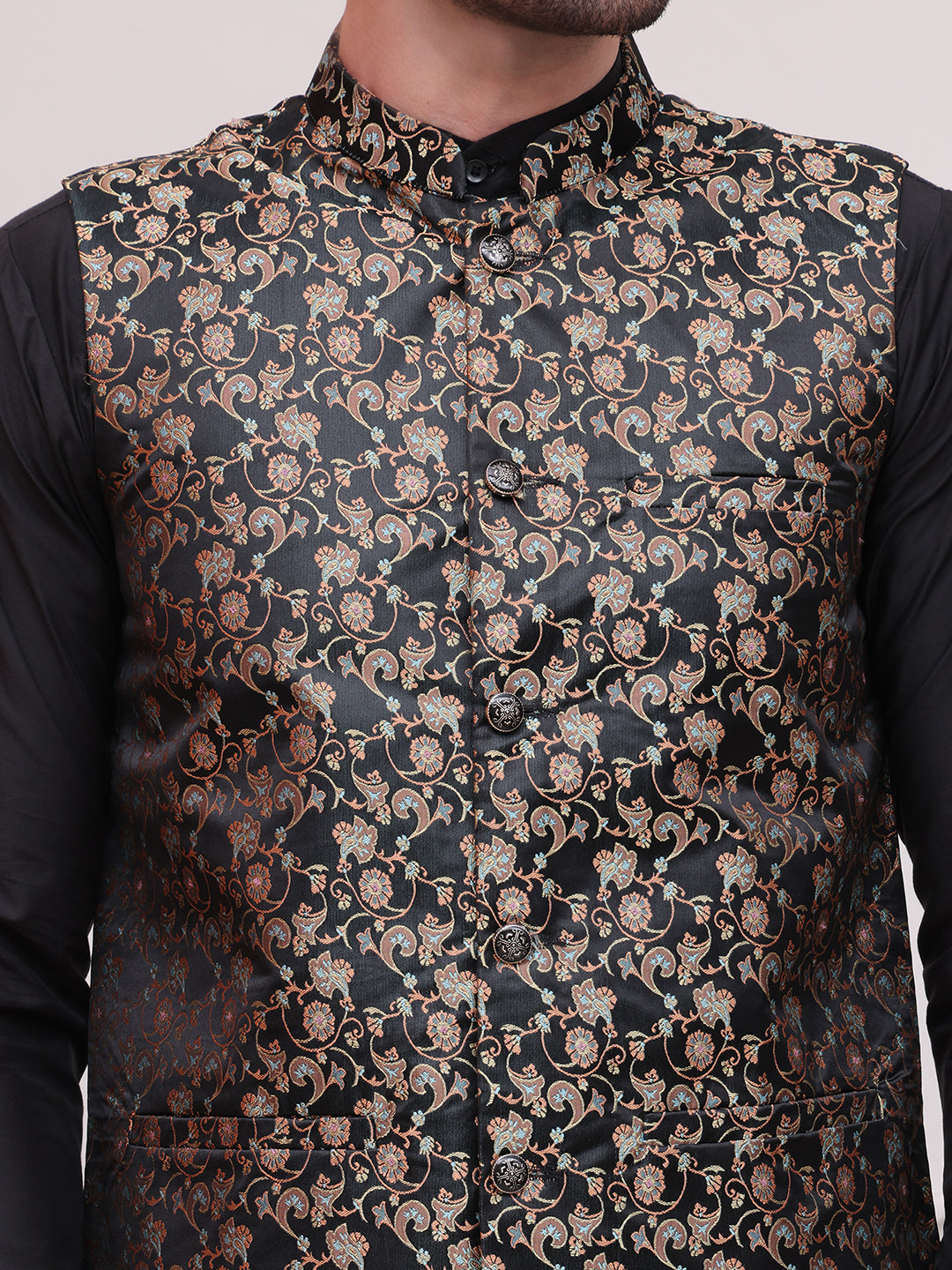 Woven Design Nehru Jacket For Men ( JOWC 4114Black )