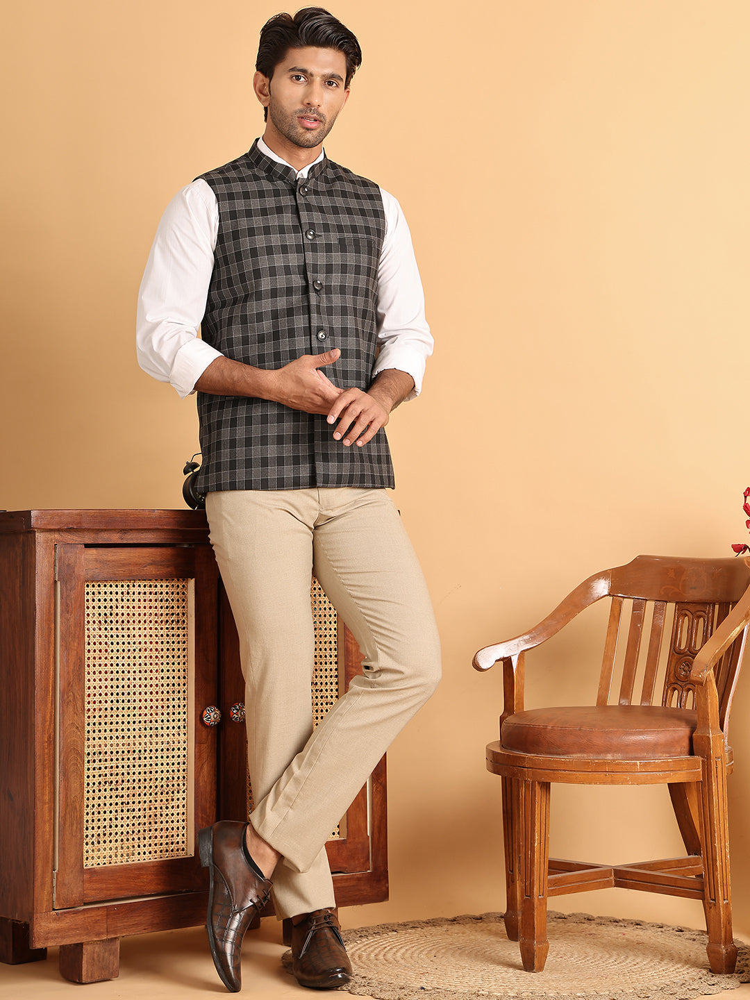 Black Checked Nehru Jacket ( JOWC 4115Charcoal )