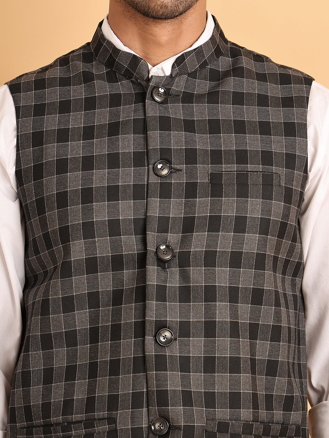 Black Checked Nehru Jacket ( JOWC 4115Charcoal )