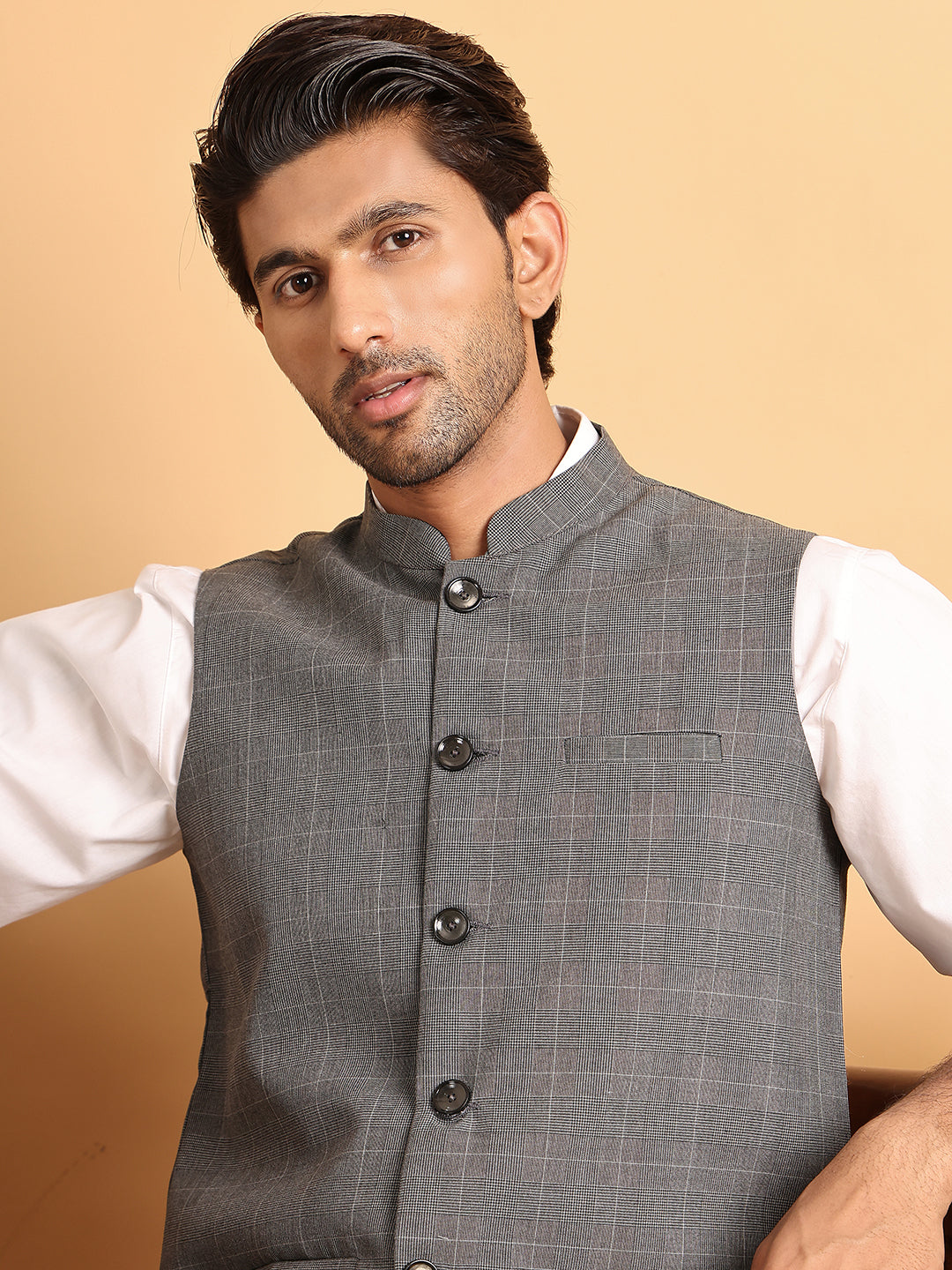 Checked Nehru Jacket for Men ( JOWC 4116Grey )