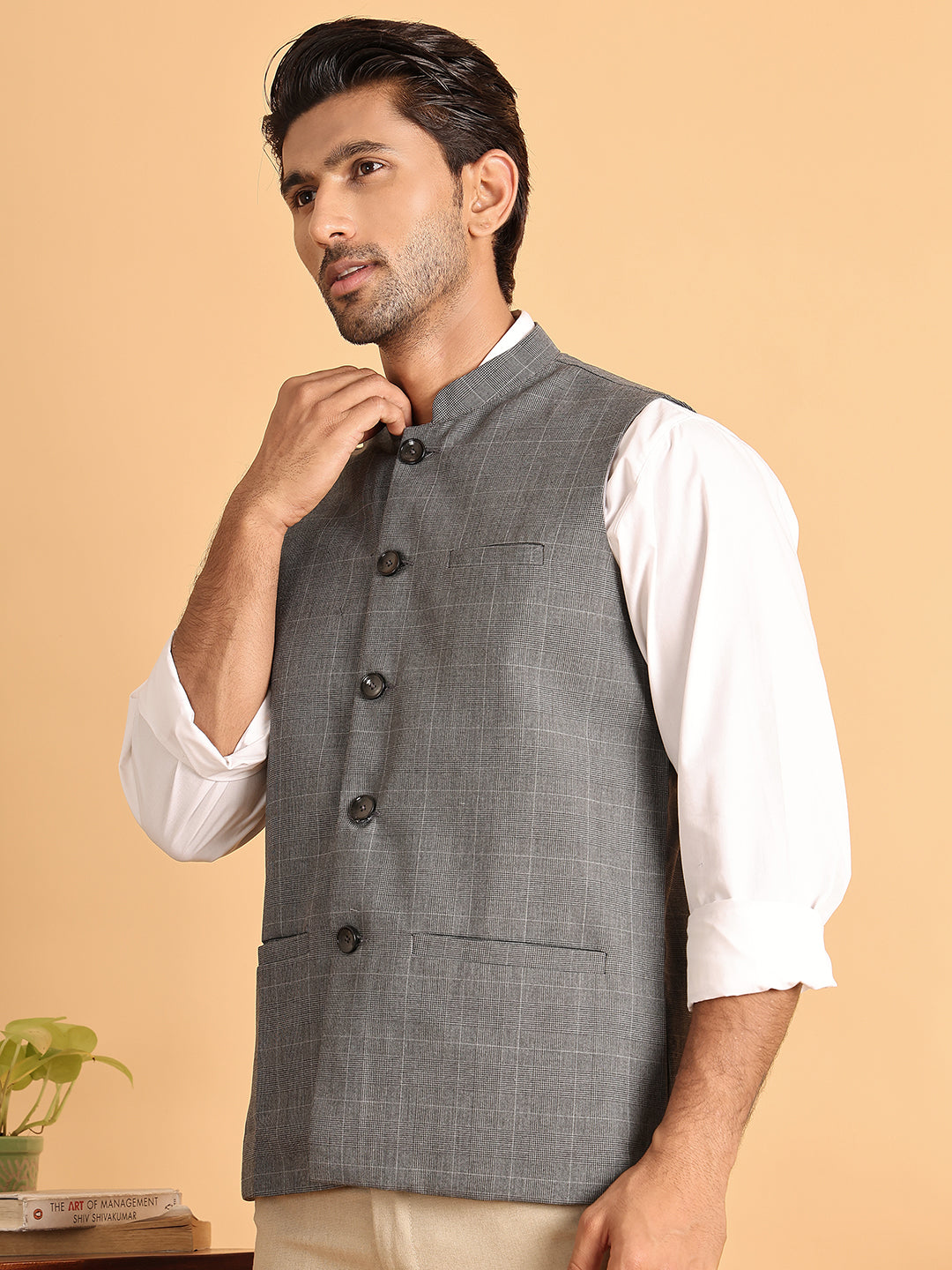 Checked Nehru Jacket for Men ( JOWC 4116Grey )