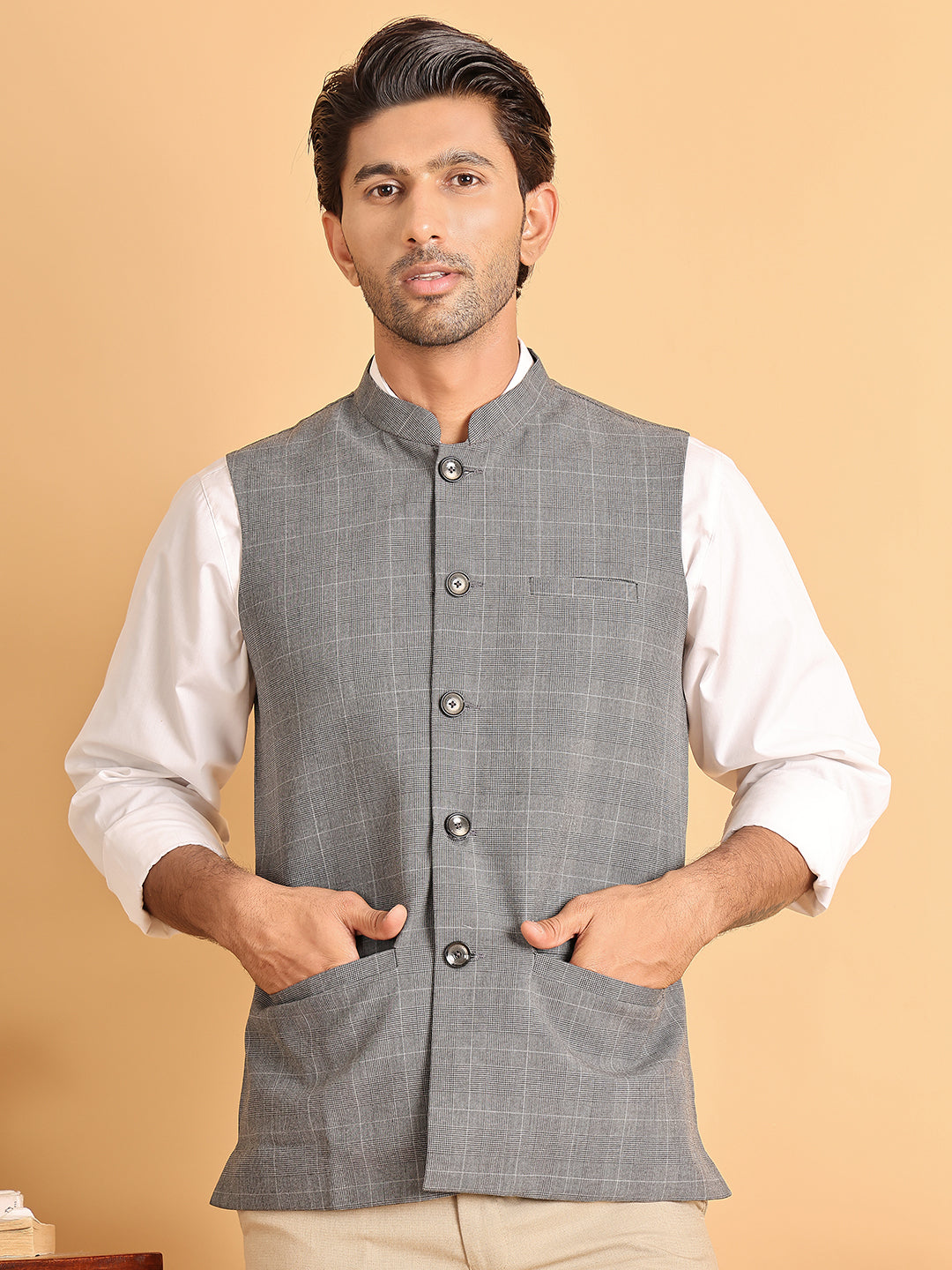 Checked Nehru Jacket for Men ( JOWC 4116Grey )