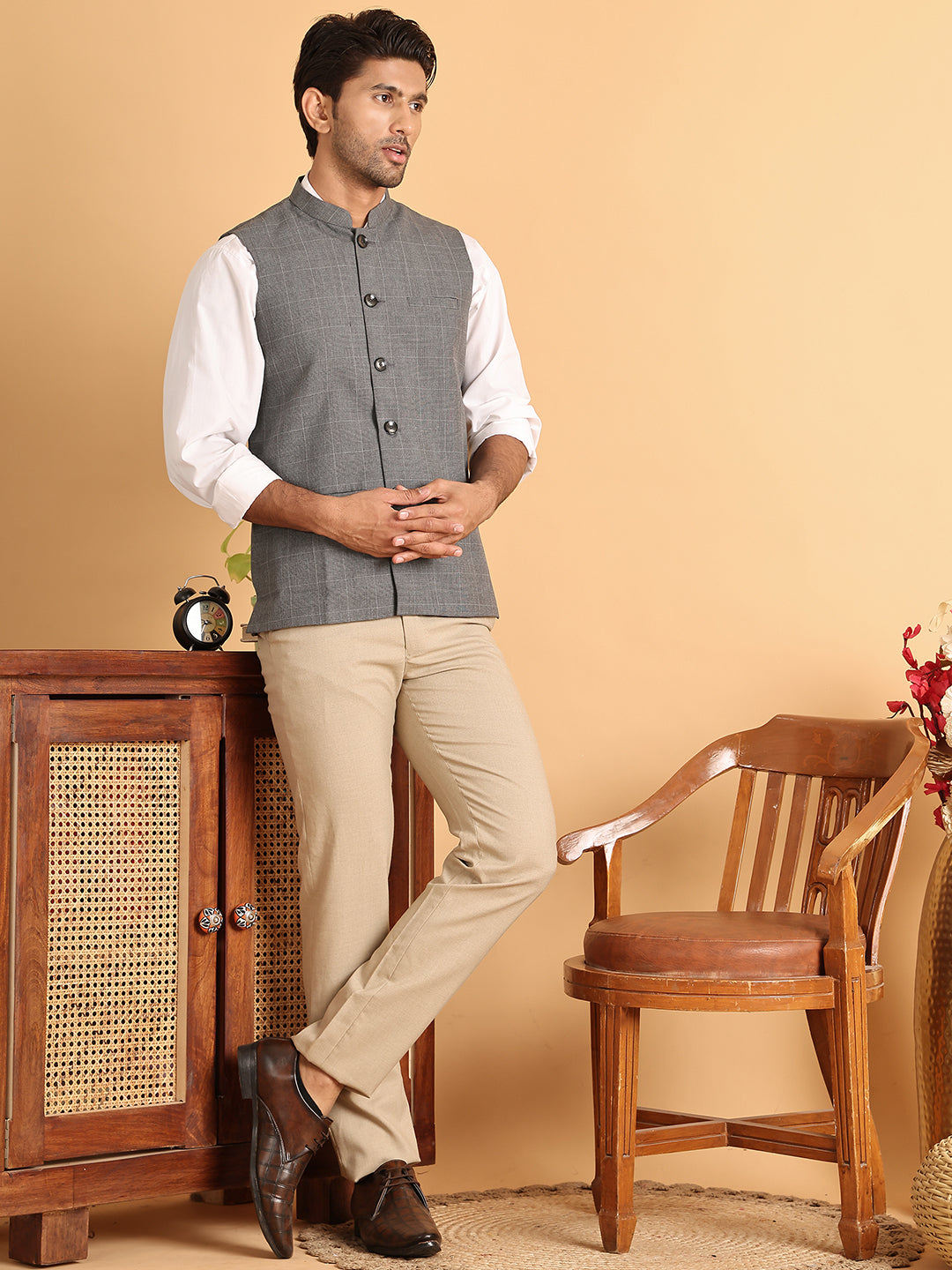 Checked Nehru Jacket for Men ( JOWC 4116Grey )