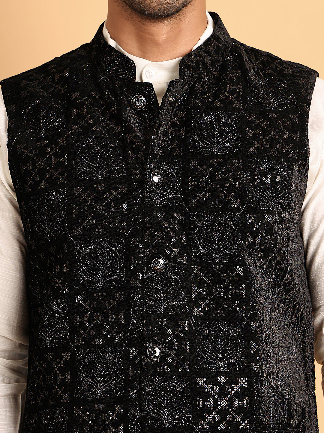Black Embroidered Nehru Jacket for Men ( JOWC 4118Black )