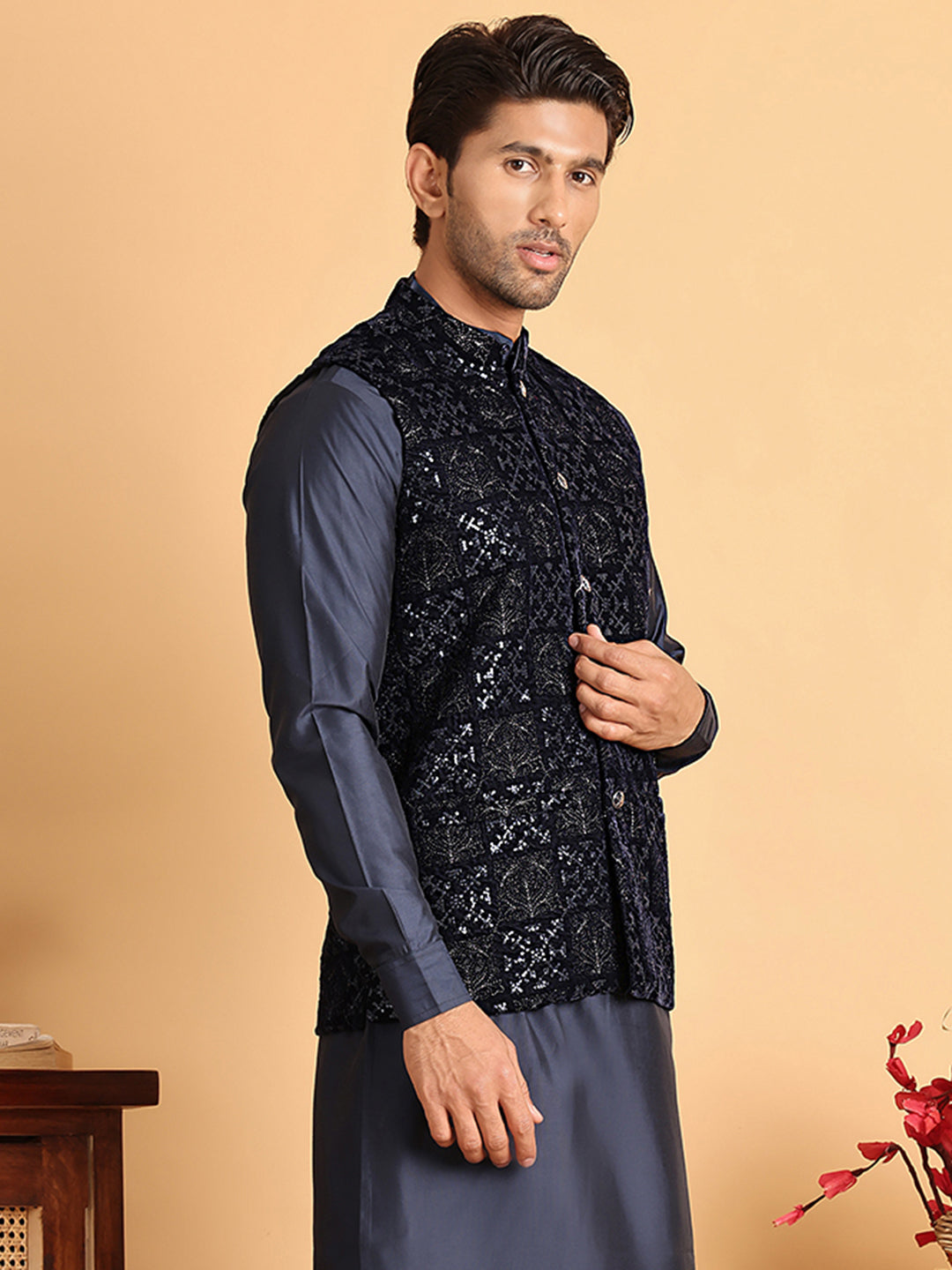 Navy Blue Embroidered Nehru Jacket for Men ( JOWC 4118Navy )