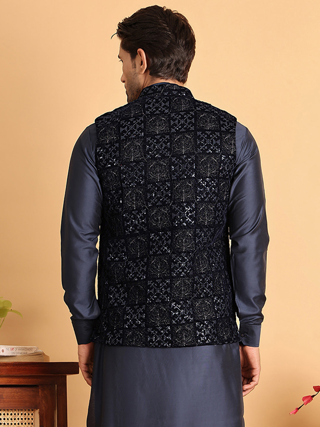 Navy Blue Embroidered Nehru Jacket for Men ( JOWC 4118Navy )
