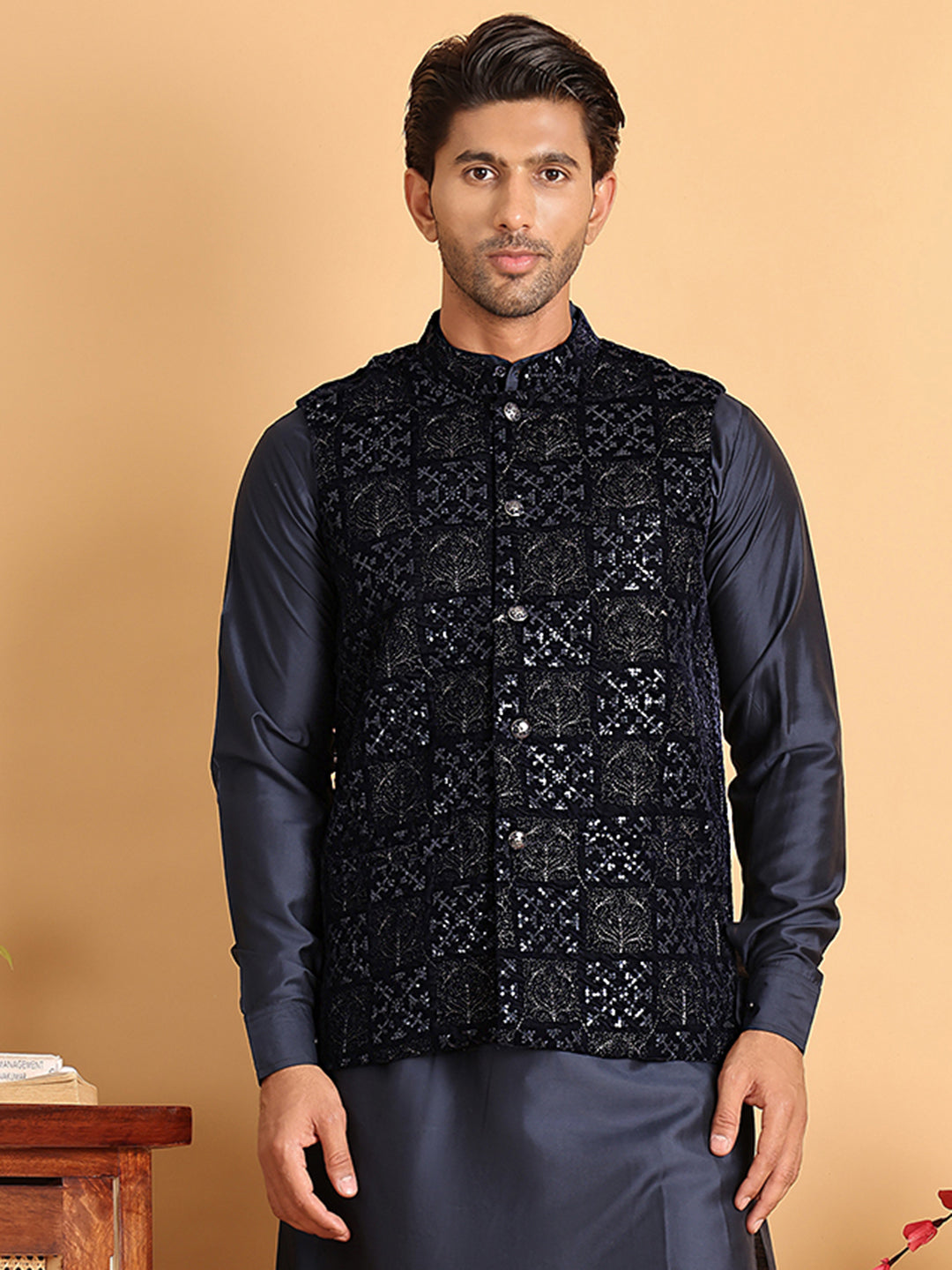 Navy Blue Embroidered Nehru Jacket for Men ( JOWC 4118Navy )