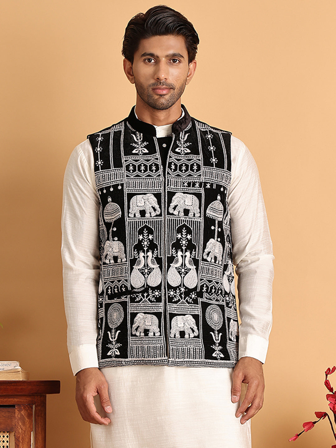 Black Embroidered Velvet Nehru Jacket for Men ( JOWC 4119Black )