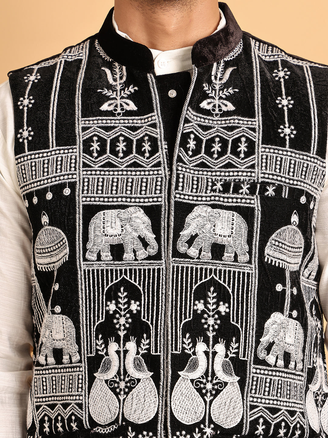 Black Embroidered Velvet Nehru Jacket for Men ( JOWC 4119Black )