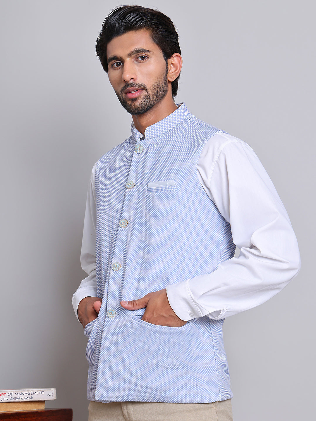Woven Design Nehru Jacket For Men ( JOWC 4120Blue )