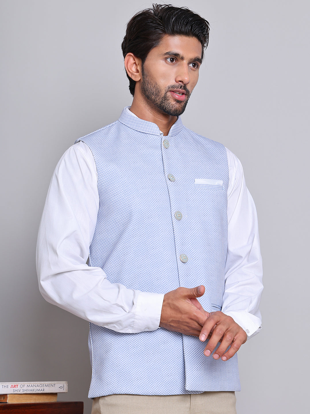 Woven Design Nehru Jacket For Men ( JOWC 4120Blue )