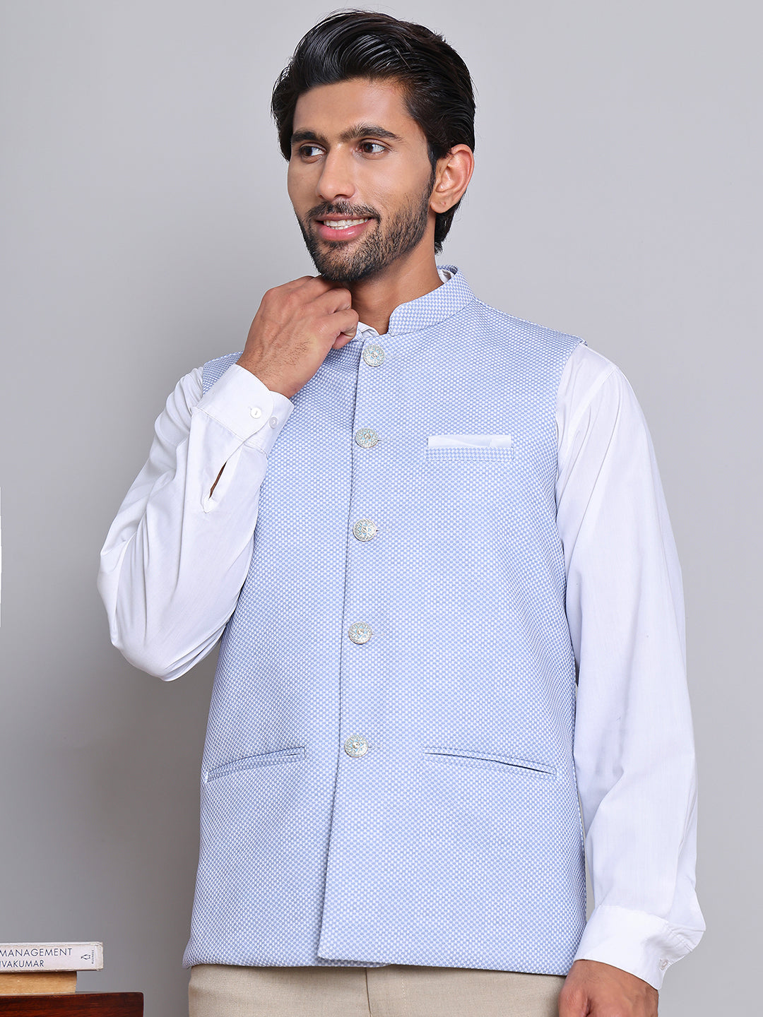 Woven Design Nehru Jacket For Men ( JOWC 4120Blue )