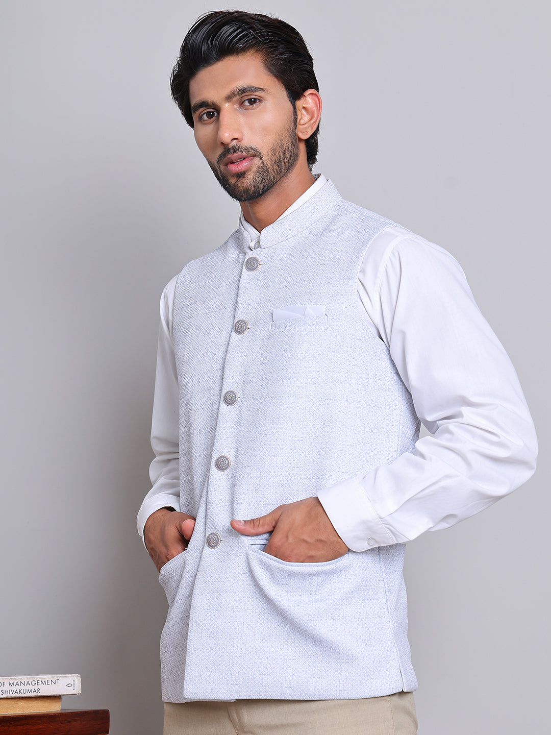 Woven Design Nehru Jacket For Men ( JOWC 4120Sky )