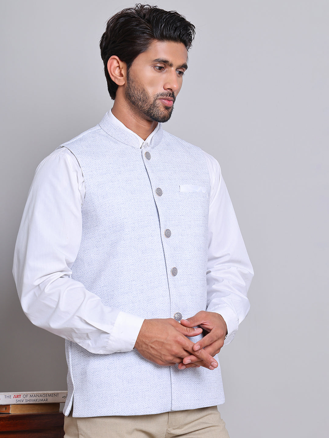 Woven Design Nehru Jacket For Men ( JOWC 4120Sky )