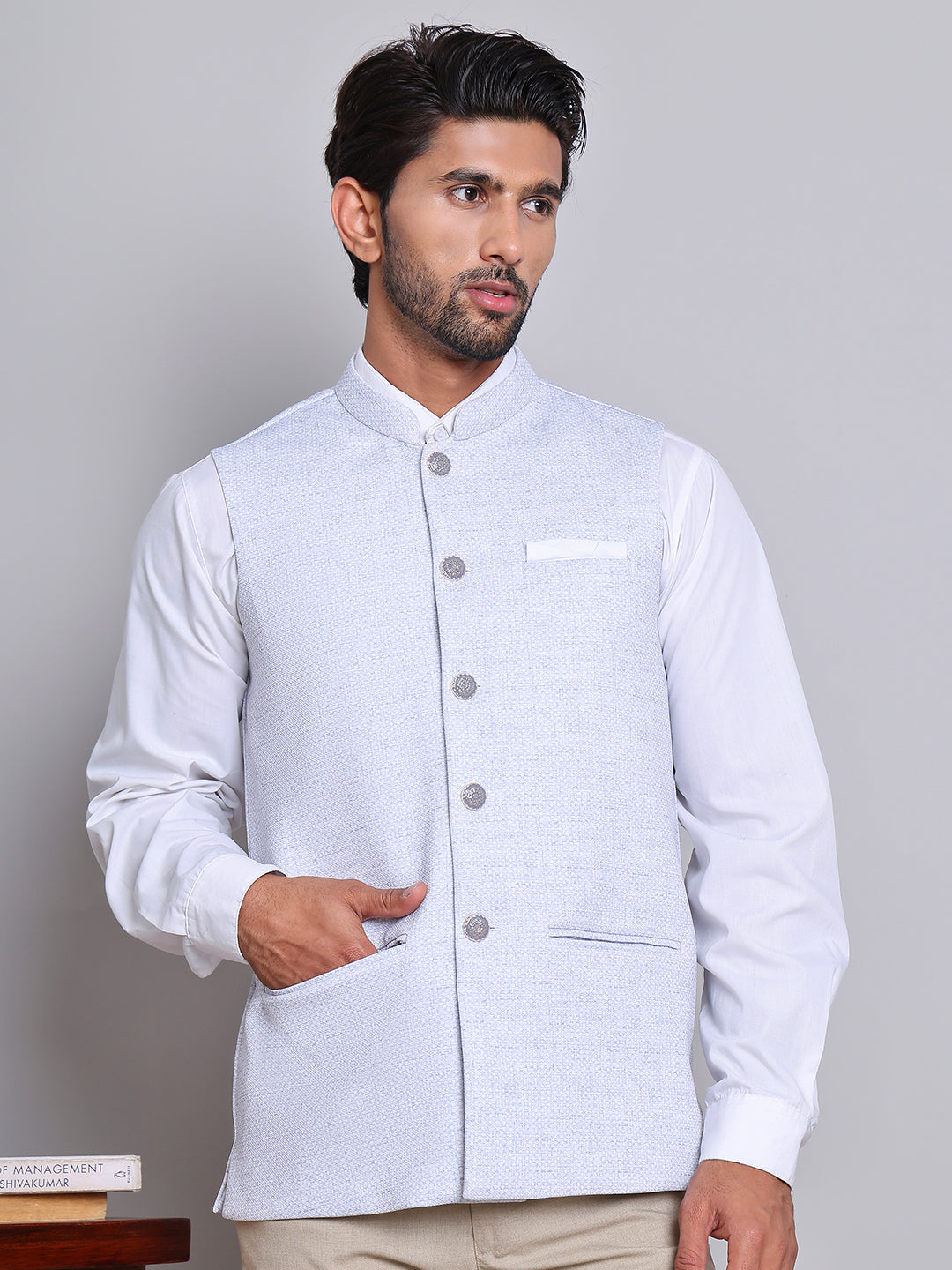 Woven Design Nehru Jacket For Men ( JOWC 4120Sky )