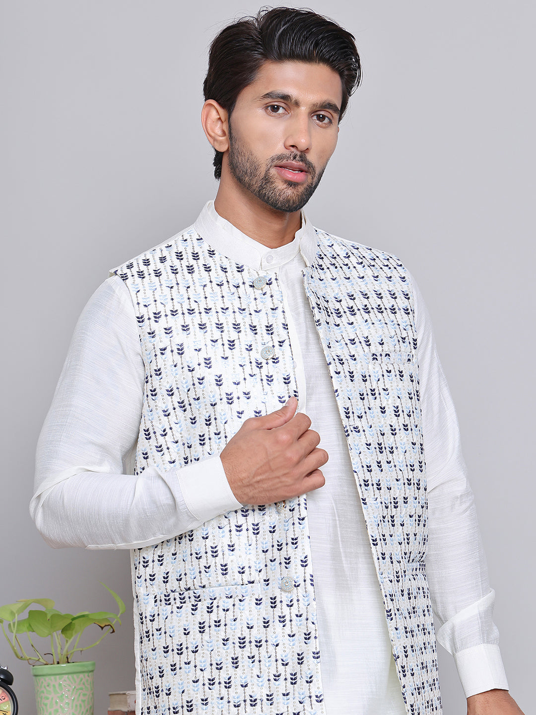Embroidered Nehru Jacket For Men ( JOWC 4121Blue )