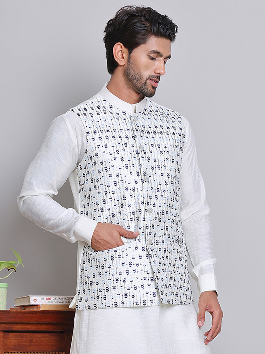 Embroidered Nehru Jacket For Men ( JOWC 4121Blue )