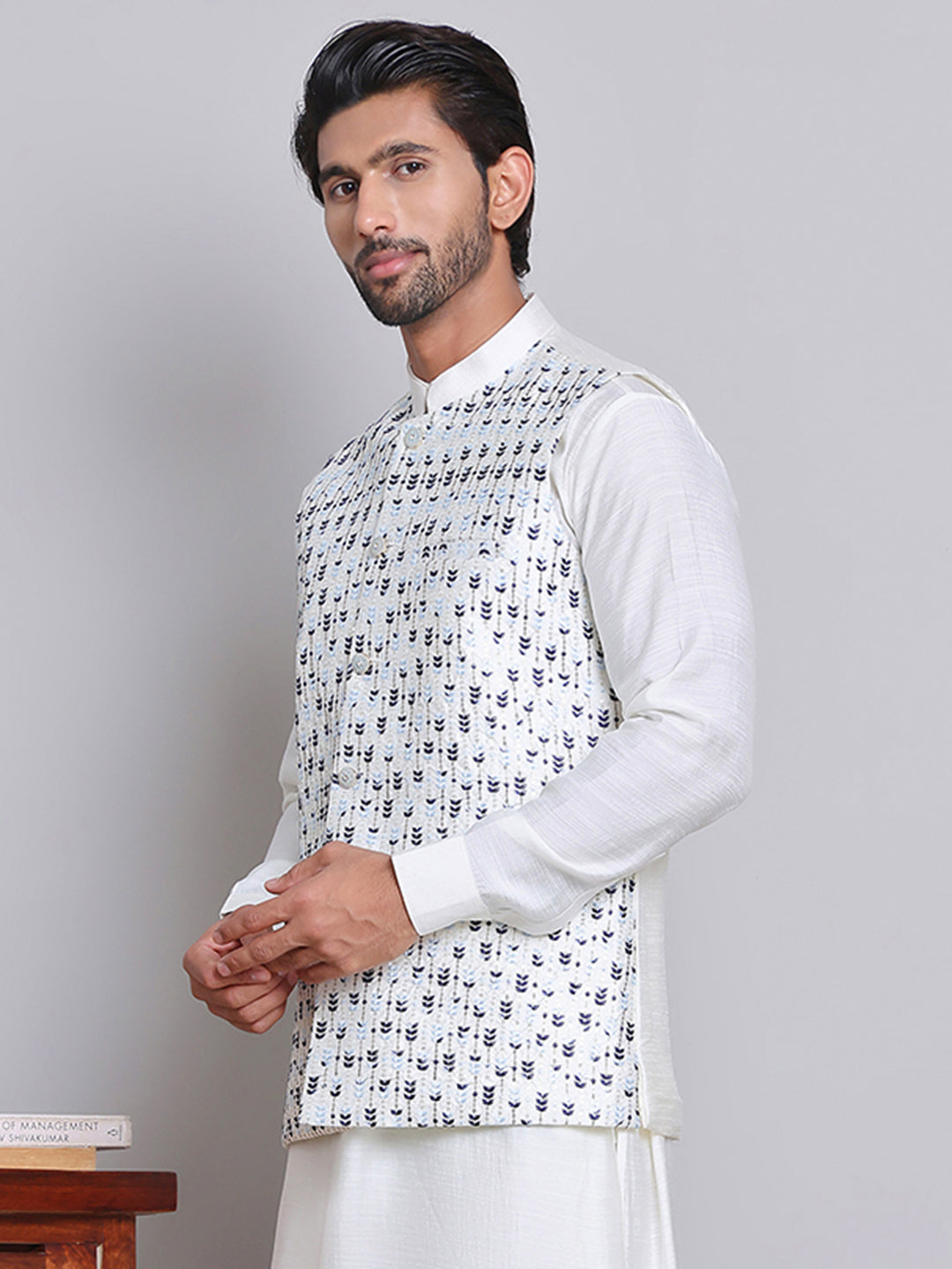 Embroidered Nehru Jacket For Men ( JOWC 4121Blue )