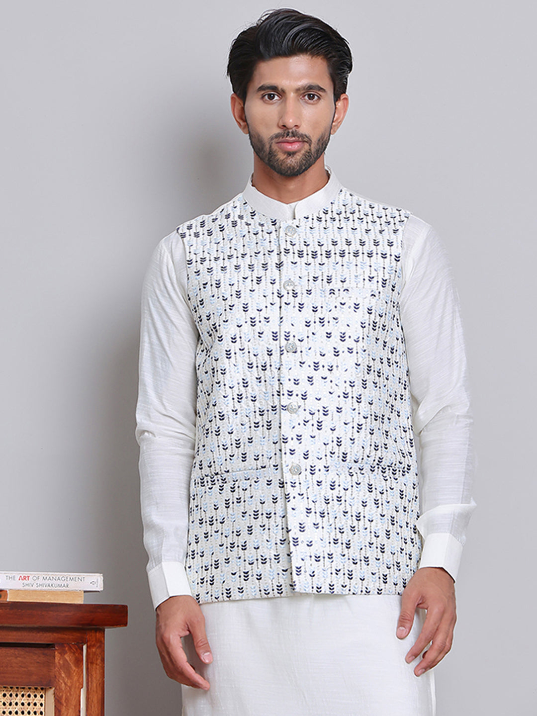 Embroidered Nehru Jacket For Men ( JOWC 4121Blue )